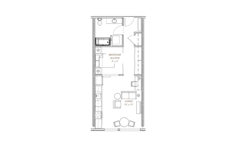 Floor plan for 1 bed, 1 bath, 581 sqft